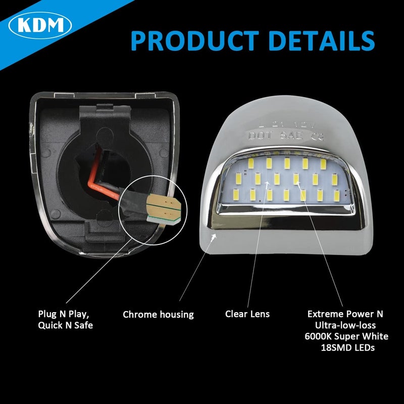 KDM LED License Plate Lights Chromed housing for 1999-2013 Chevy Silverado GMC Sierra 1500 2500 3500 HD Suburban Tahoe Cadillac Escalade EXT Yukon XL, 6000K White Chromed Housing 2pcs pack - Image 4